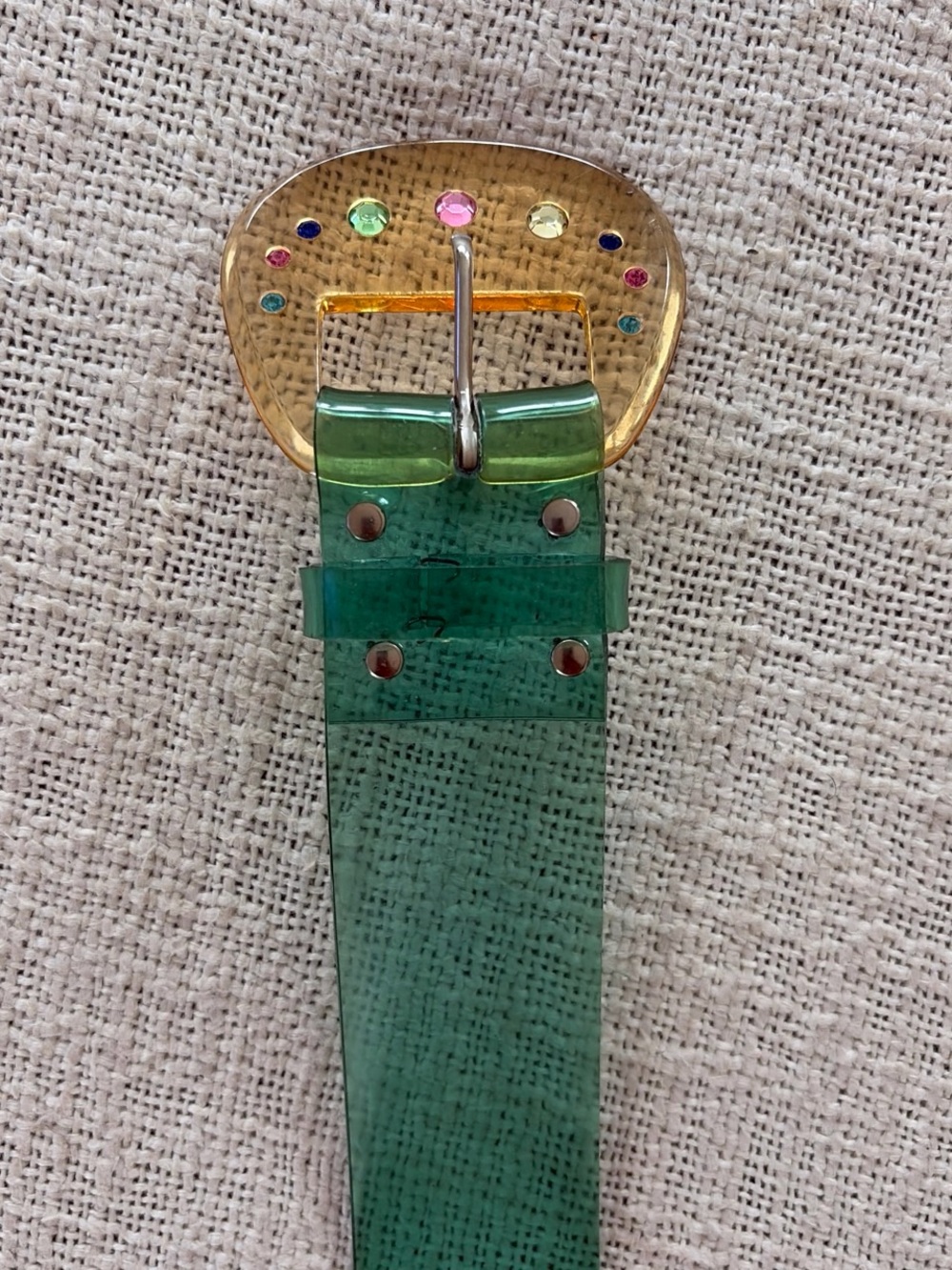Green Vintage Transparent Resin Belt with Decorative Gold-Tone Buckle